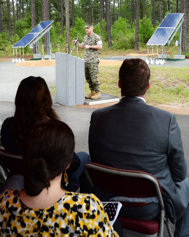 Lt. Gen. Michael G. Dana, deputy commandant of the Marine Corps, Installations and Logistics, Headquarters Marine Corps, explains how making efficient use of energy resources is critical to the Marine Corps’ mission readiness at the solar facility ground breaking ceremony held aboard the installation, April 28.