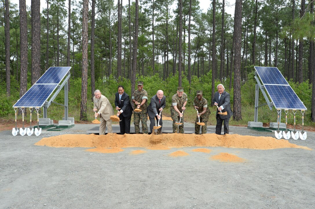 Officials with the Department of the Navy, Marine Corps Logistics Base Albany and Georgia Power, a subsidiary of Southern Company located in Atlanta, Georgia, broke ground on a large-scale solar facility during a ceremony held aboard the installation, April 28.