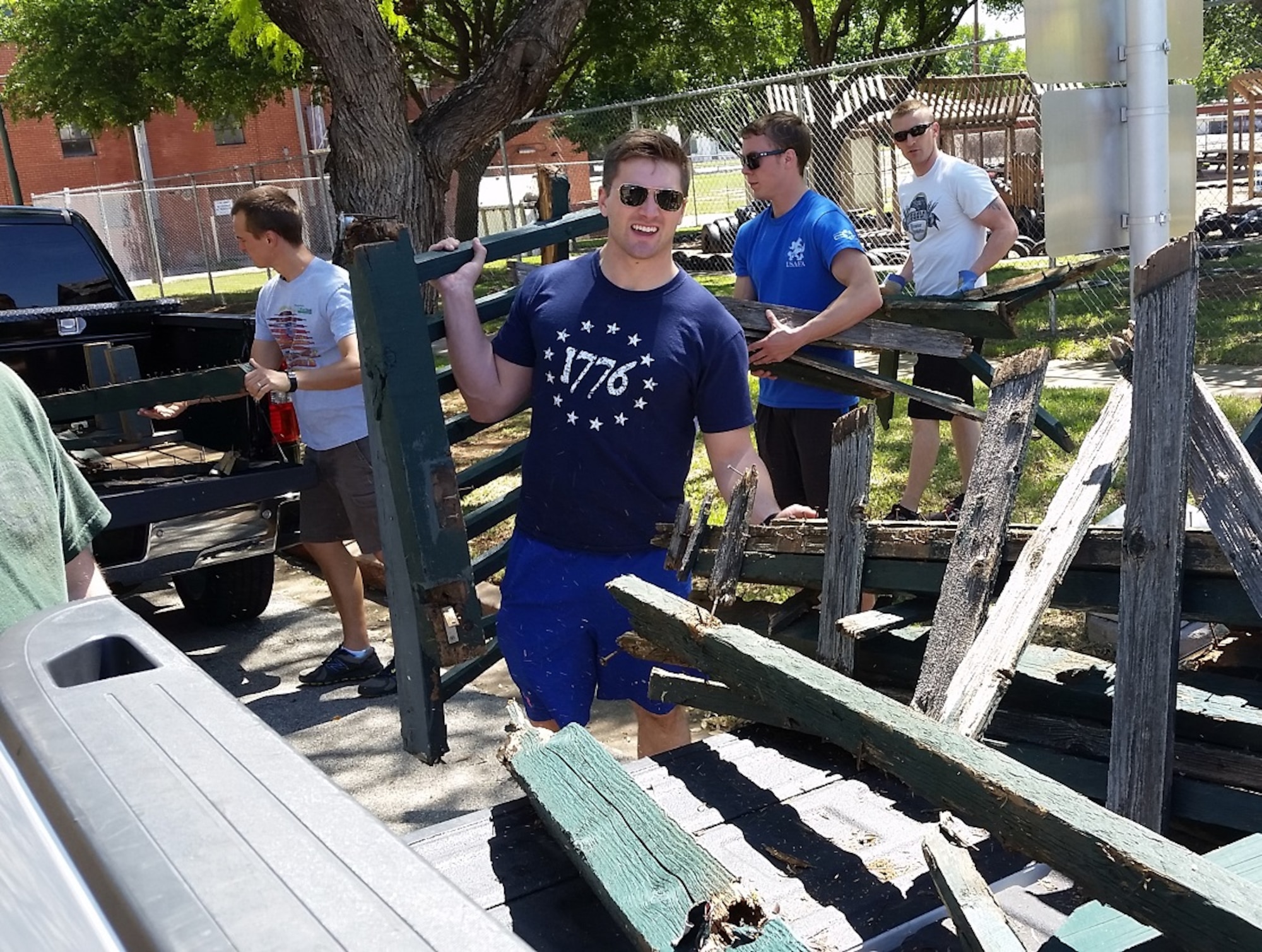 Volunteers from the 80th Flying Training Wing at Sheppard Air Force Base lent a helping hand to an area daycare April 23, 2016 in Wichita Falls, Texas. As undergraduate pilots progress through the 55-week Euro-NATO Joint Jet Pilot Training Program, they make a concerted effort to become involved in the local community. ENJJPT Class 17-02, led by 1st Lt. Matthew Morse, took on the dismantling and clean-up of a playground gazebo as a community project. The structure had become a safety concern and financial burden to the center. In less than two hours, the 15 volunteers, from the T-6 H and C flights, removed the gazebo and saved the center an estimated $5,000. (U.S. Air Force Photo)
