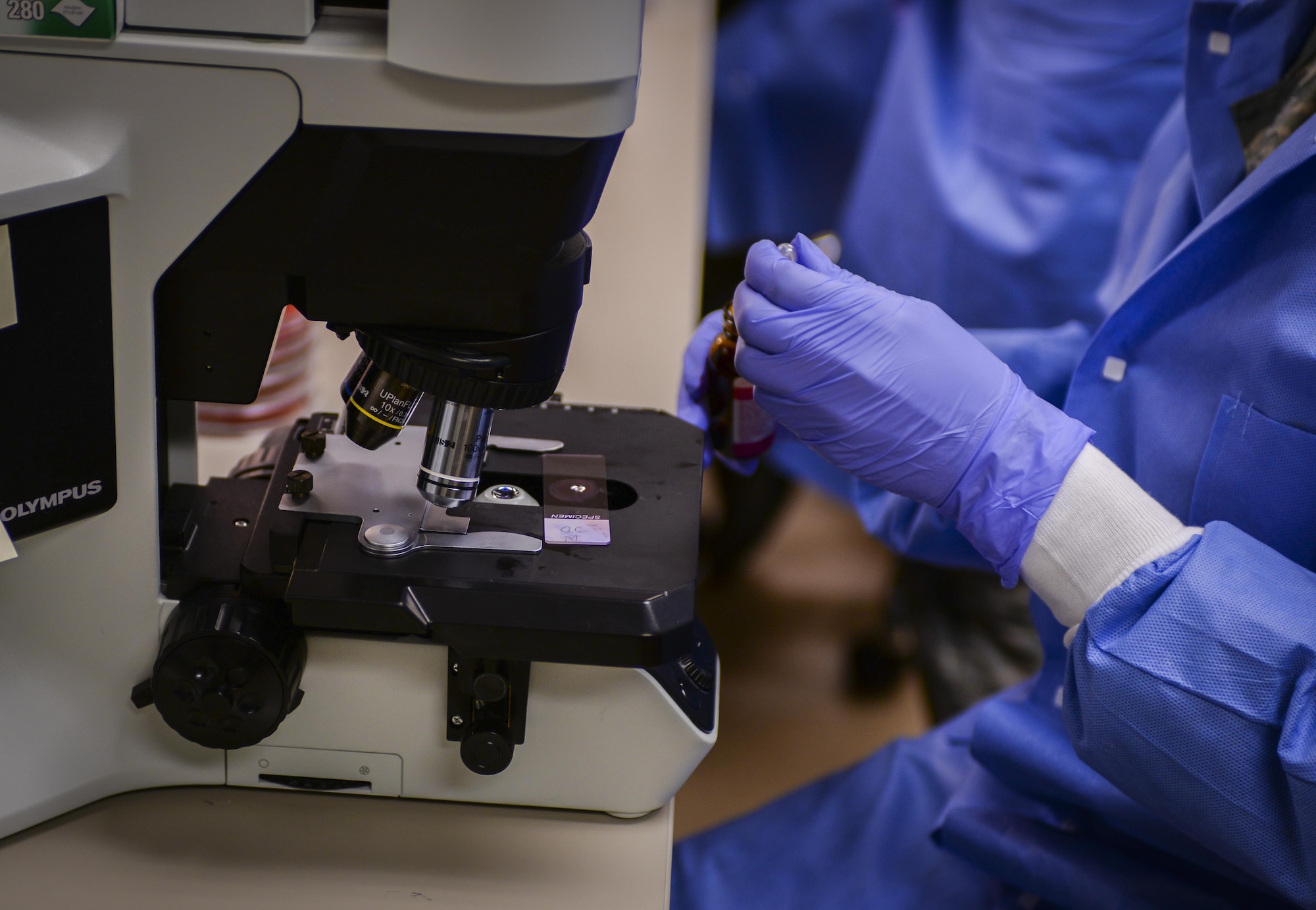 A medical laboratory technician, assigned to the 99th Medical Support Squadron, prepares a slide in the microbiology department in the 99th Medical Group at Nellis Air Force Base, Nev., April 15, 2016. Medical Laboratory Professionals Week provides the profession with a unique opportunity to increase public understanding of and appreciation for clinical laboratory personnel. (U.S. Air Force photo by Airman 1st Class Nathan Byrnes)