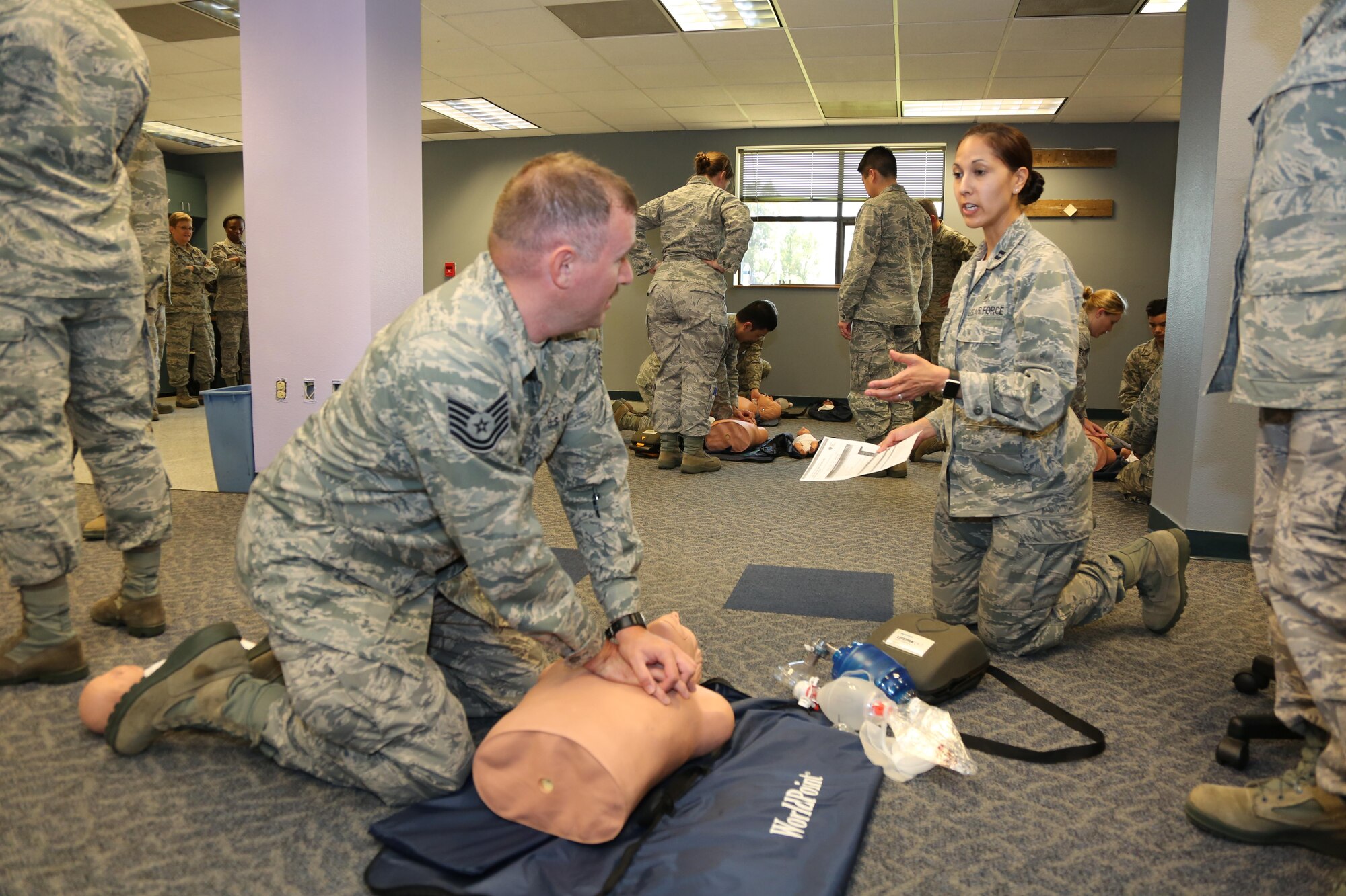 Citizen Airmen from the 349th Air Mobility Wing take part in emergency medical technician training in the 349th Medical Squadron’s new training room, April 17, 2016 at Travis Air Force Base, Calif.  The repurposed office space will improve the squadron’s ability to conduct a wide range of skill and qualification training.  (U.S. Air Force photo/Lt. Col. Robert Couse-Baker/ Released)
