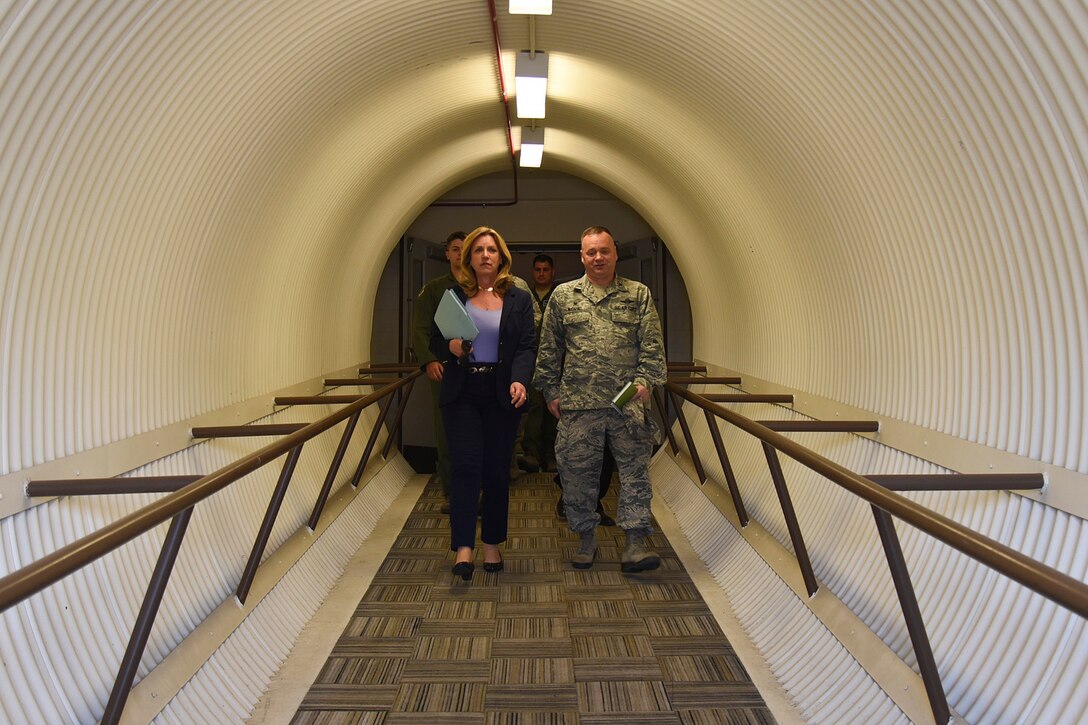 The Honorable Deborah Lee James, Secretary of the Air Force, tours the 92nd Air Refueling Wing Alert Facility April 27, 2016, at Fairchild Air Force Base. The facility supports OPERATION NOBLE EAGLE; whose 24 hour, seven day a week operations are related to homeland security supporting federal, state and local agencies. (U.S. Air Force photo/Airman 1st Class Mackenzie Richardson)