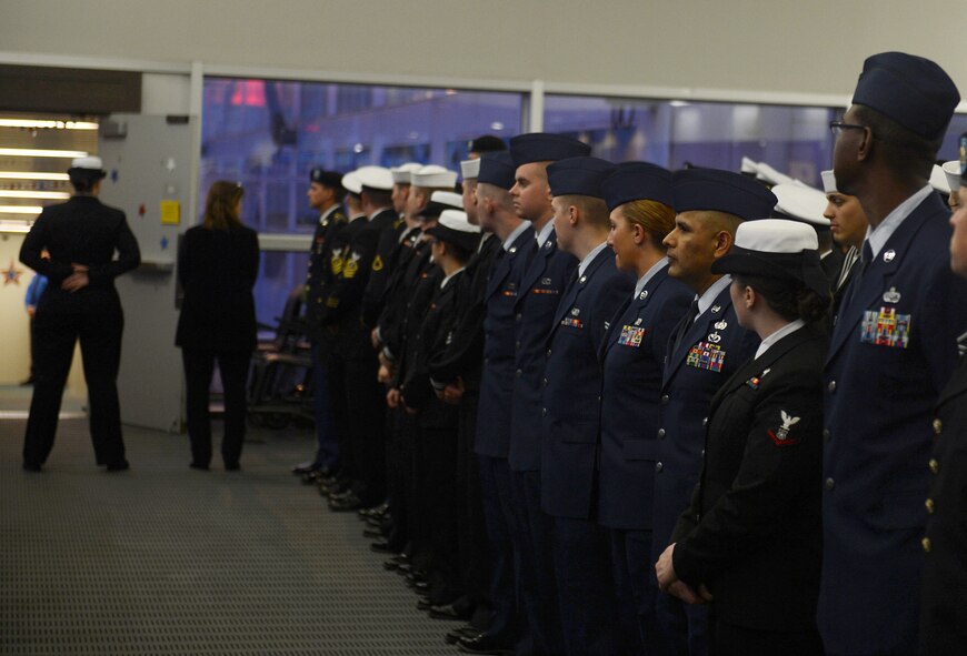 Service members wait in line to greet the World War II Veterans as they return home April 25, 2016 at the SeaTac International Airport, Wash. The WWII Veterans returned home from Washington, D.C., where they visited the WWII Memorial that was built in their honor. (U.S. Air Force photo/Senior Airman Divine Cox)