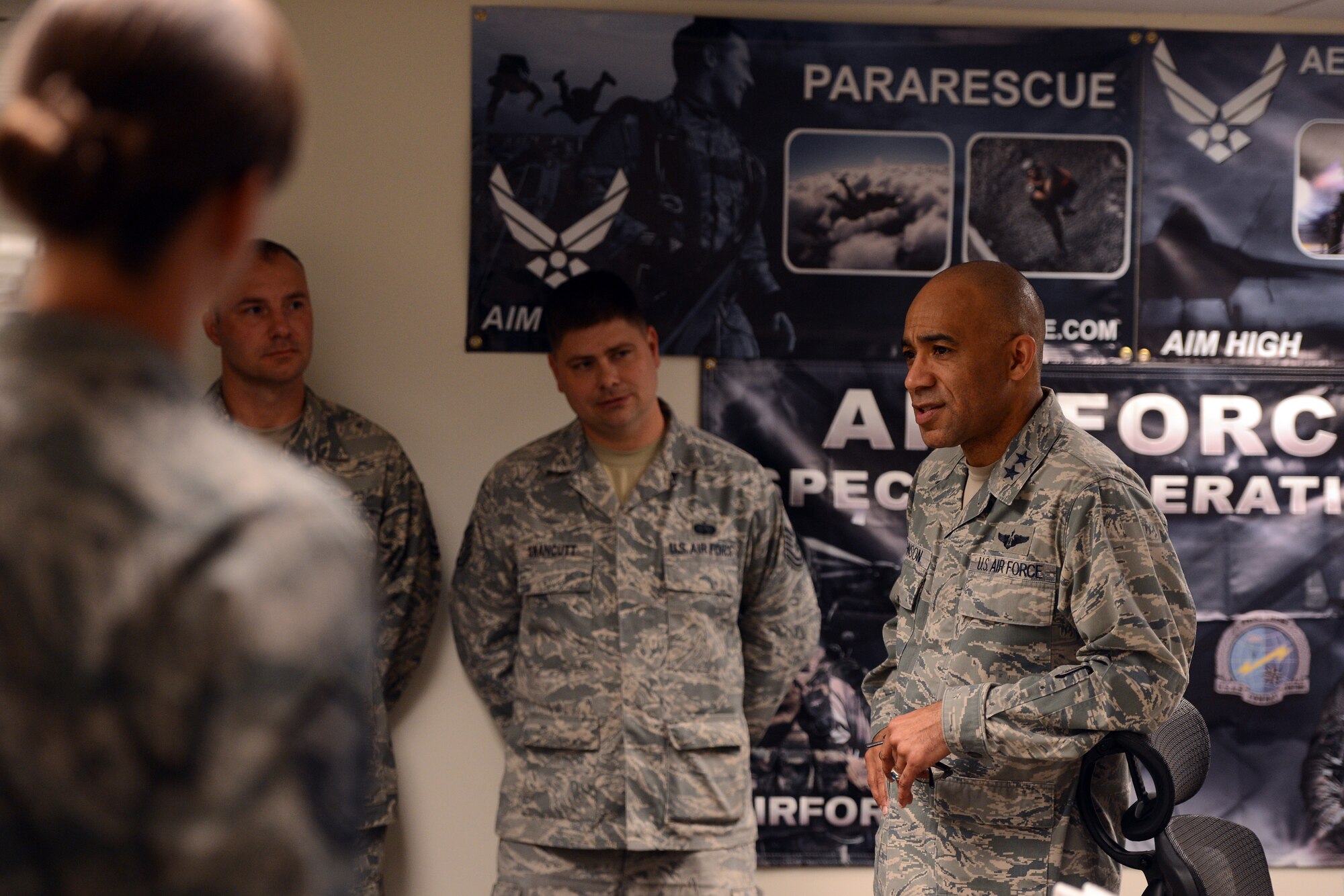 Maj. Gen. James Johnson, Air Force Sexual Assault Prevention and Response Office director, speaks to Airmen of the 361st Recruiting Squadron about recruiting April 26, 2016, at Joint Base Lewis-McChord, Wash. Prior to his current position, Johnson served as the commander for Air Force Recruiting Service. (U.S. Air Force photo/Senior Airman Jacob Jimenez)