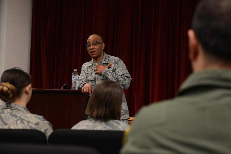 Maj. Gen. James Johnson, Air Force Sexual Assault Prevention and Response Office director, speaks to leadership and first sergeants at the 2nd Annual McChord Field Sexual Assault Legal Workshop April 26, 2016, at Joint Base Lewis-McChord, Wash. Johnson said his goal was not only to inform Airmen to changes in the Air Forces’ SAPR program, but also to get a better understanding of the culture of Team McChord Airmen. (U.S. Air Force photo/Senior Airman Jacob Jimenez) 