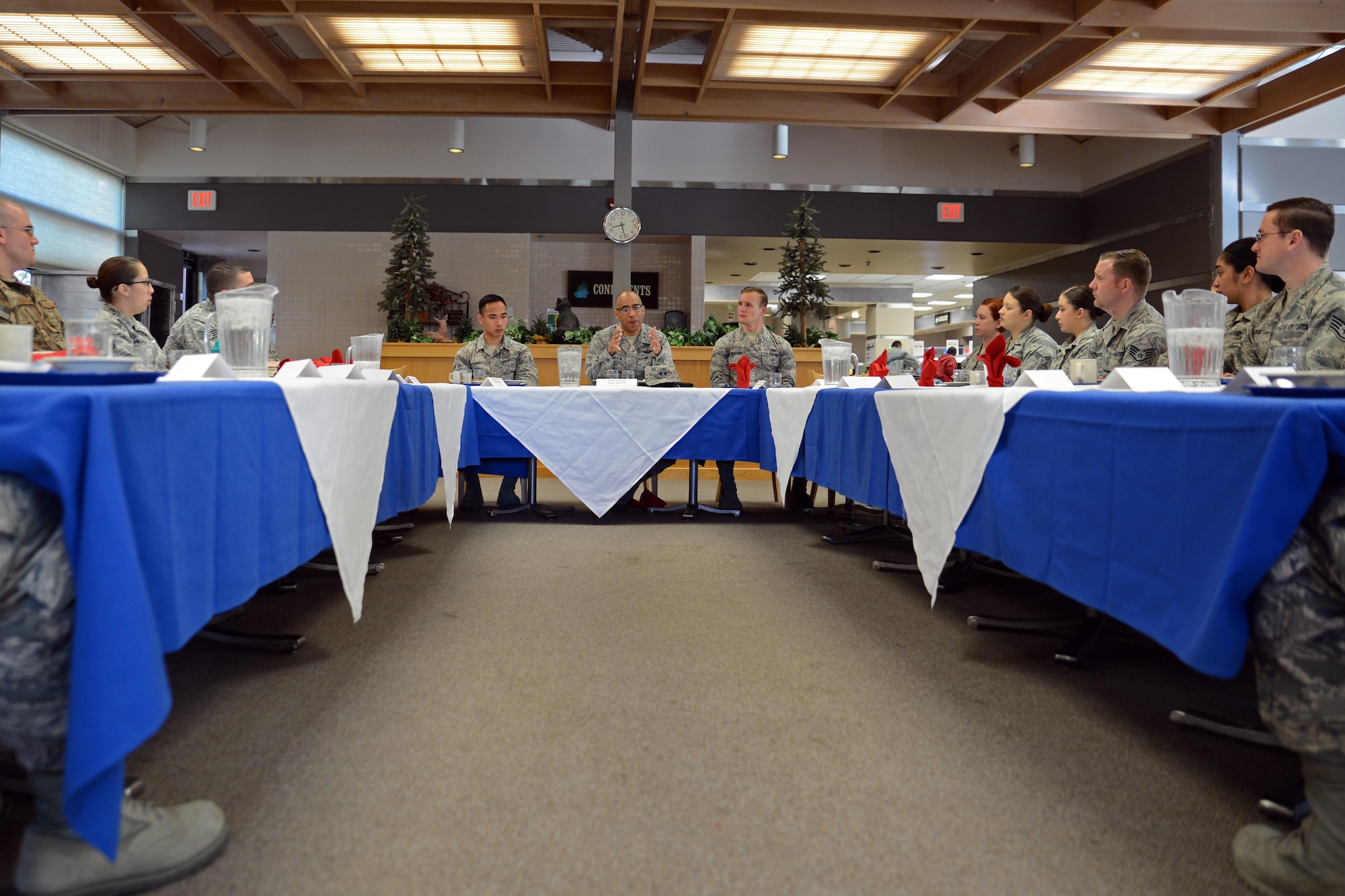 Maj. Gen. James Johnson, Air Force Sexual Assault Prevention and Response Office director, talks to Airmen about SAPR in the Air Force April 26, 2016, at the Olympic Dining Facility on Joint Base Lewis-McChord, Wash. Johnson came to McChord Field to attend the 2nd Annual McChord Field Sexual Assault Legal Workshop. (U.S. Air Force photo/Senior Airman Jacob Jimenez) 