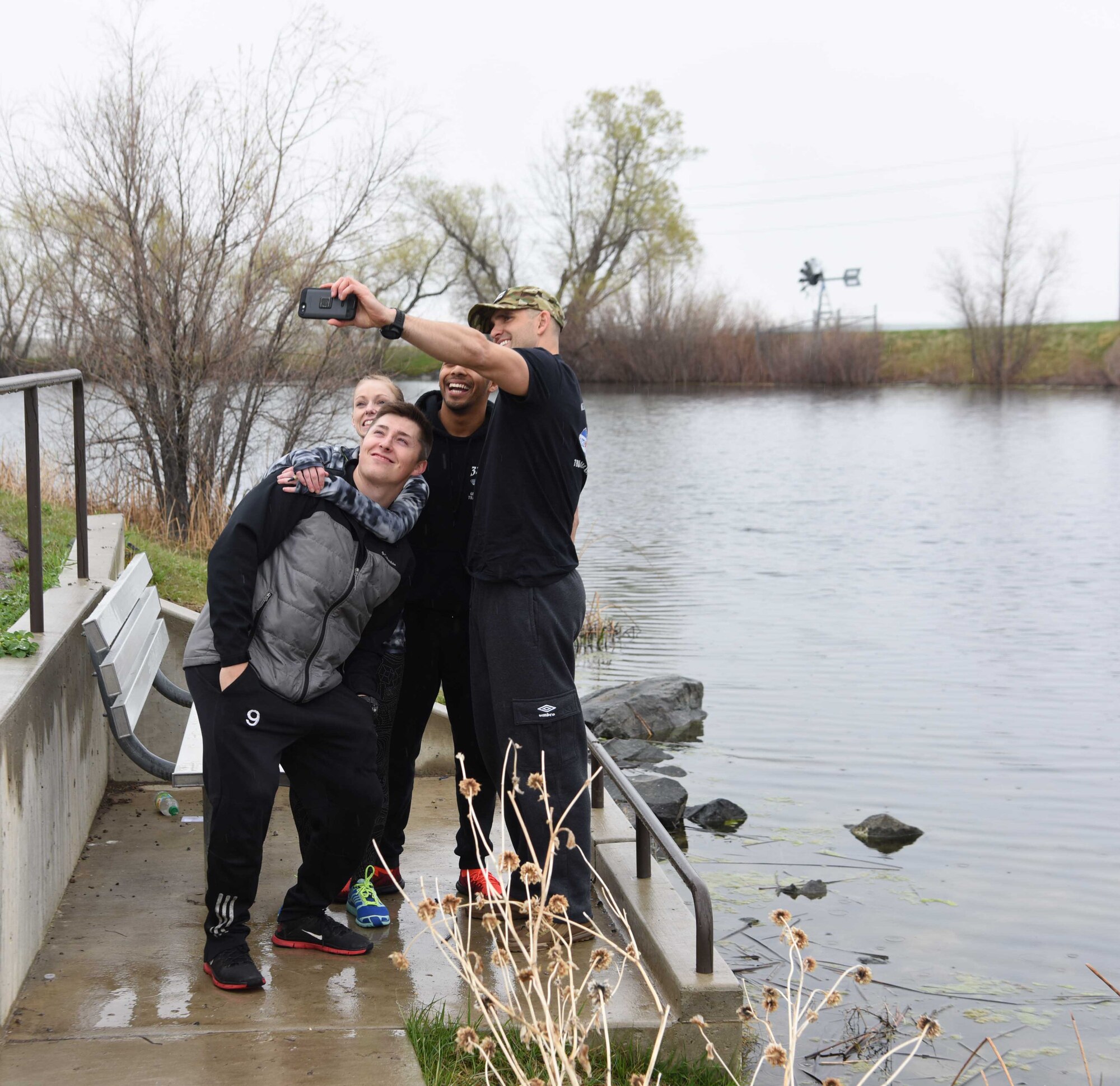 Airmen assigned to the 341st Missile Wing take a selfie for The Amazing Race: Malmstrom Style April 27, 2016, at Malmstrom Air Force Base, Mont. Airmen were able to form teams to compete against each other in the competitive scavenger hunt, one of many activities planned throughout the month of April in support of Wingman Month. (U.S. Air Force photo/Airman Collin Schmidt)