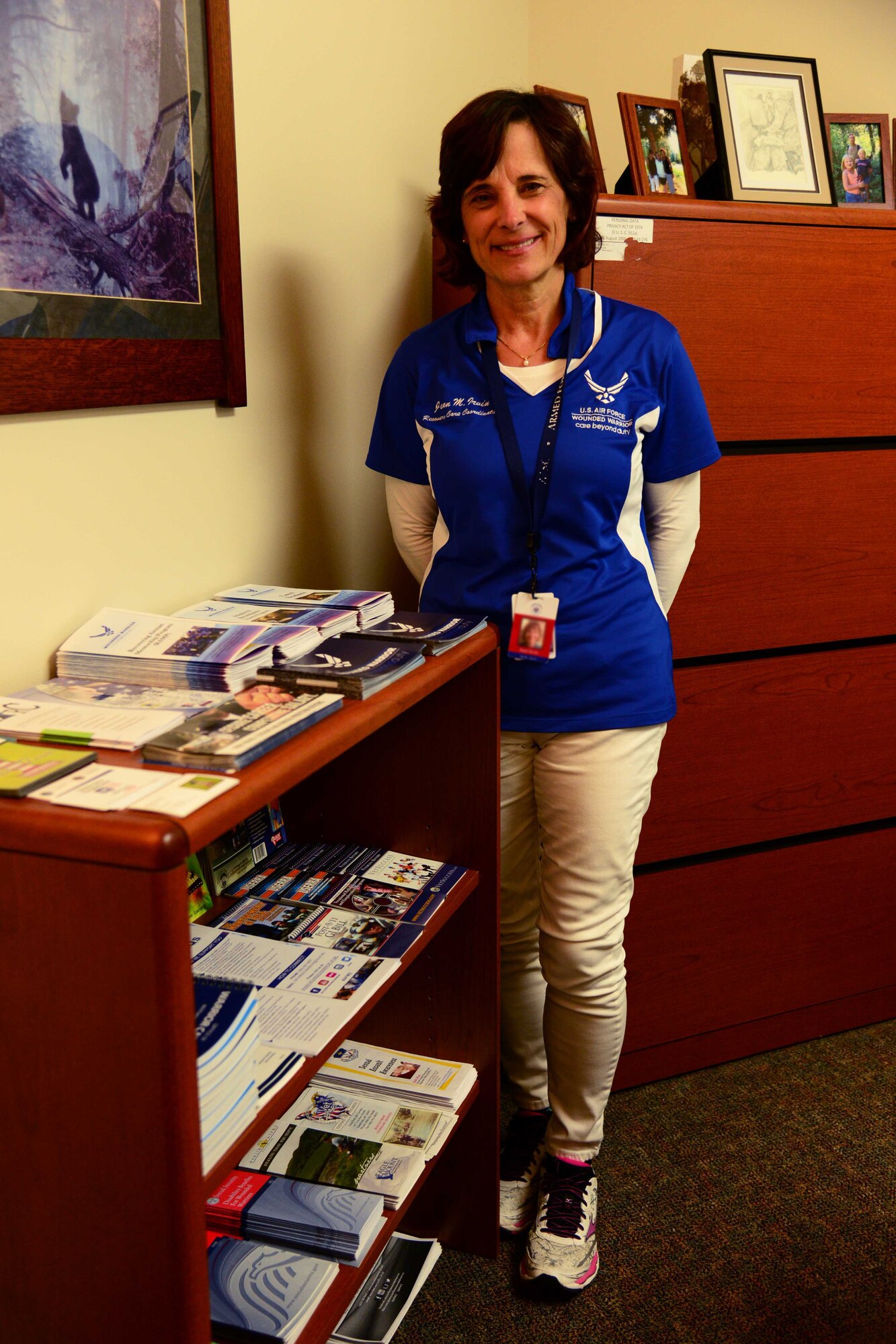 Jean Irvin, a recovery care coordinator with the Air Force Wounded Warrior Program, poses for a photo April 28, 2016, at Malmstrom Air Force Base, Mont. For Irvin, taking care of service members who have become ill, injured or wounded during their time in service is her calling. (U.S. Air Force photo/Airman 1st Class Magen M. Reeves)