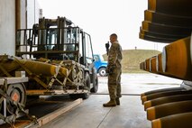 Ammo Airmen assigned to the 649th Munitions Squadron move bombs from a storage facility during STAMP training March 31, 2016, at Hill Air Force Base, Utah. The training ensures 649th MUNS Airmen are ready to execute munitions sustainment missions whenever and wherever needed. (U.S. Air Force photo by R. Nial Bradshaw)