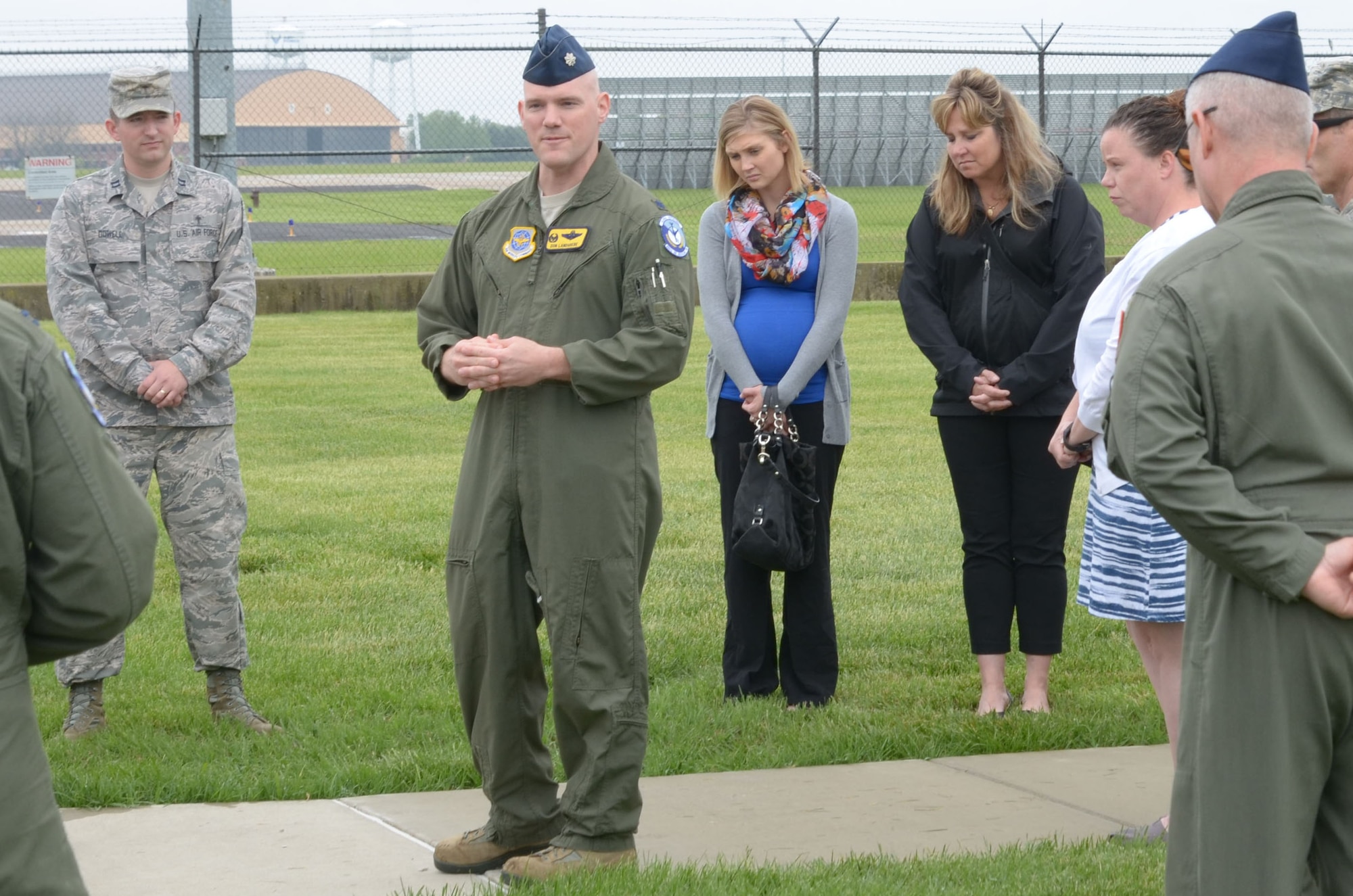 Air Force Lt. Col. Donald Landgrebe, commander of the 906th Air Refueling Squadron, hosts a memorial ceremony for Capt. Brandon Cyr April 27, 2016, at the 126th Air Refueling Wing, Scott AFB, Ill.  Cyr was a member of the 906 ARS when he was killed in a plane crash in Kandahar, Afghanistan, April 27, 2013. (National Guard photo by Staff Sgt. Andrew Kleiser)