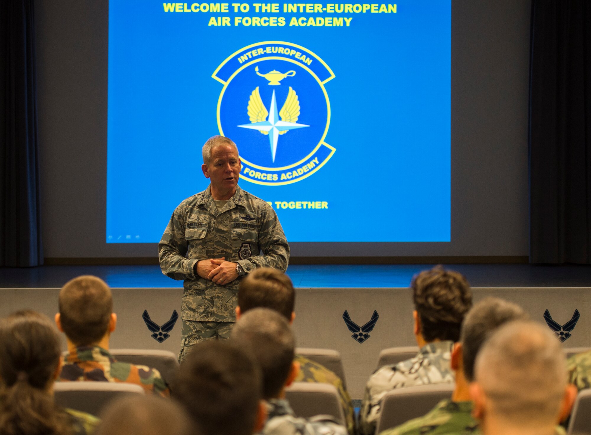 Maj. Gen. John K. McMullen,  U.S. Air Forces in Europe and Air Forces Africa operations, strategic deterrence and nuclear integration director, speaks with NATO partners during the kick off of the Inter-European Air Forces Academy inaugural in-residence Squadron Officer School and NCO Academy class April 25, 2016, at Ramstein Air Base, Germany. The class will last for five weeks and is comprised of 31 international air force officers and NCOs from 11 countries. (U.S. Air Force photo/Senior Airman Jonathan Stefanko)