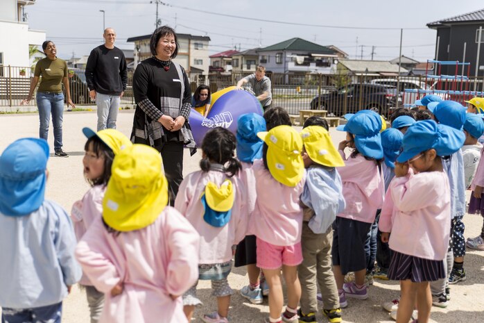 Children from the Josho Hoikuen School in Iwakuni City say goodbye to Noriko Yamada, an administrative specialist with the Marine Memorial Chapel, and service members from Marine Corps Air Station Iwakuni, Japan, April 19, 2016. Visiting the school provided service members the chance to teach children how to speak and count in English, fostering the friendship between the U.S. and Japan. The chapel coordinated this community event as an opportunity to experience Japanese culture, give back to the local community and strengthen the bond between the U.S. and Japan. (U.S. Marine Corps photo by Lance Cpl. Aaron Henson/Released)