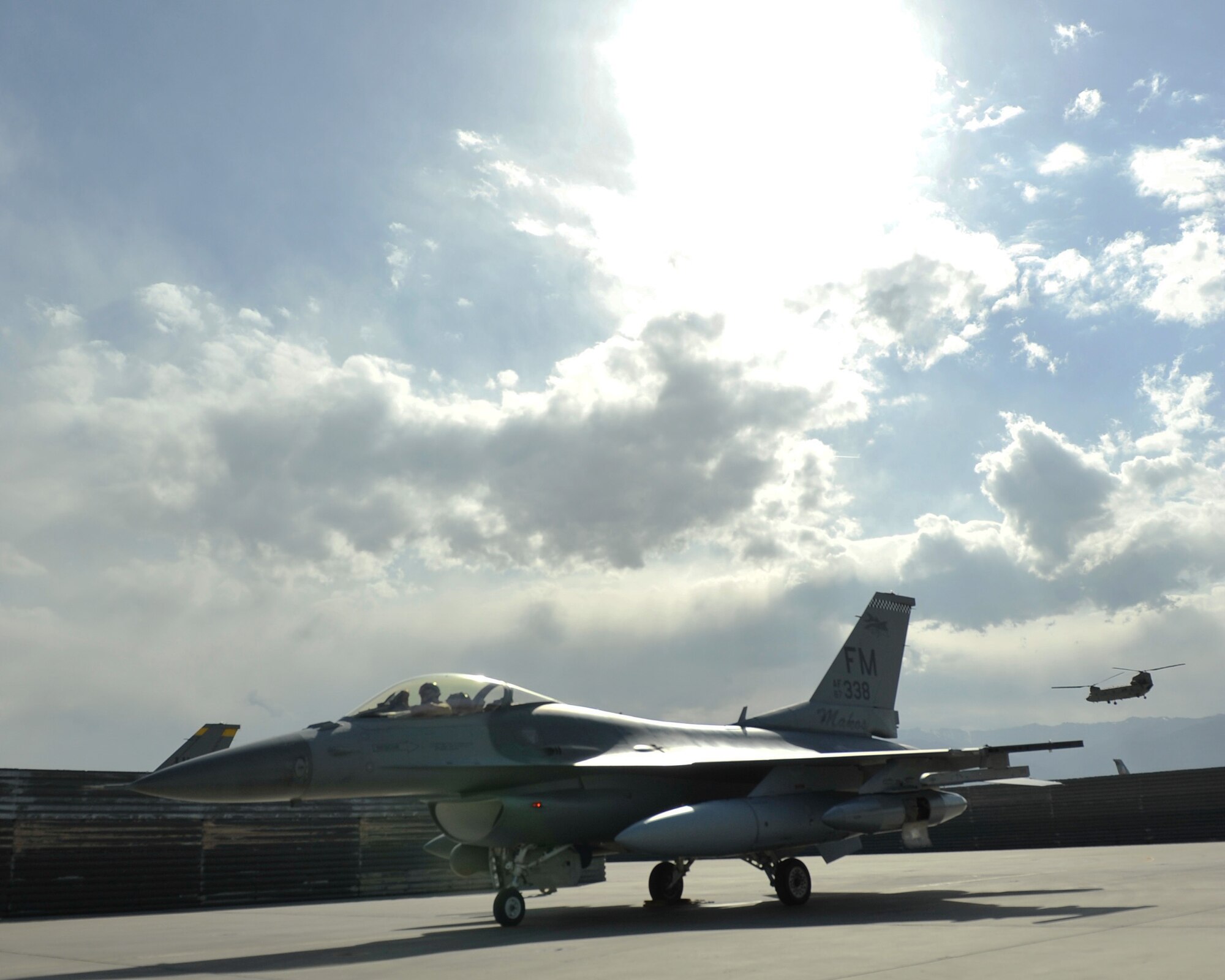 An F-16 assigned to the 457th Expeditionary Fighter Squadron arrives at Bagram Airfield, Afghanistan, 27 April, 2016. The 457th EFS, based out of Bagram Airfield, Afghanistan, is the only dedicated fighter squadron in the country and continuously supports Operation Freedom’s Sentinel and the NATO Resolute Support mission. (U.S Air Force photo by Capt. Korey Fratini/released)