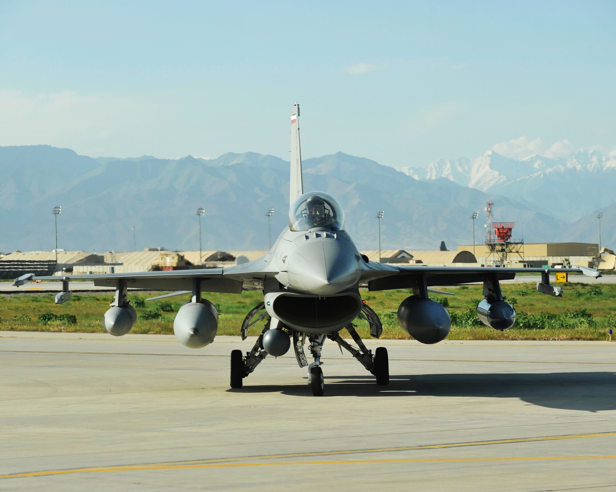 An F-16 Fighting Falcon from the 457th Expeditionary Fighter Squadron arrives at Bagram Airfield, Afghanistan, 27 April, 2016. The 457th EFS is responsible for providing close air support throughout Afghanistan in support of Operation Freedom's Sentinel. (U.S. Air Force photo by Capt. Korey Fratini/released)