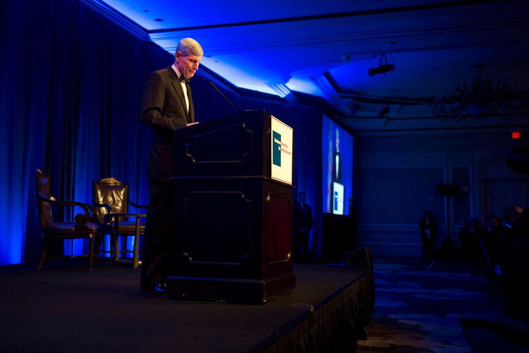 Retired Air Force Gen. Norton A. Schwartz, President and Chief Executive Officer for the Business Executives for National Security, delivers remarks at the BENS Eisenhower Award dinner in Washington D.C., April 28, 2016. Defense Secretary Ash Carter was presented with the 2016 Eisenhower Award. DoD photo by Senior Master Sgt. Adrian Cadiz