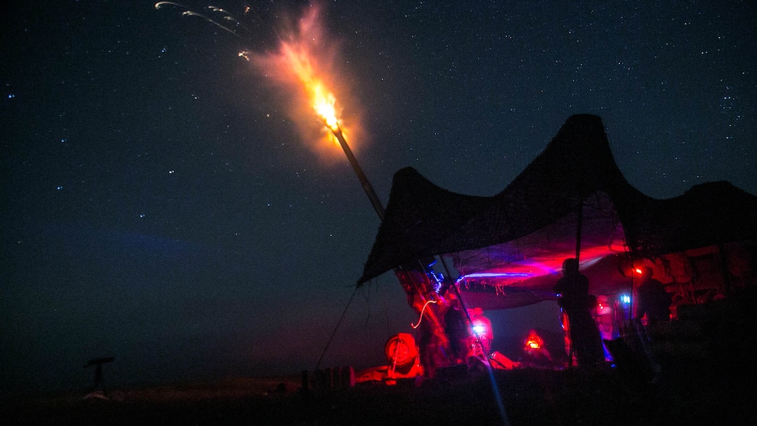 Marines fire an illumination round from an M777A2 lightweight 155 mm during live-fire artillery training Sept. 1 at the Yausubetsu Maneuver Area in Hokkaido as part of Artillery Relocation Training Program 14-2. The illumination round is able to light a 1-by-1-kilometer grid square for two minutes. The Marines are with Battery B, 1st Battalion, 12th Marine Regiment, currently assigned to 3rd Battalion, 12th Marines, 3rd Marine Division, III Marine Expeditionary Force. 