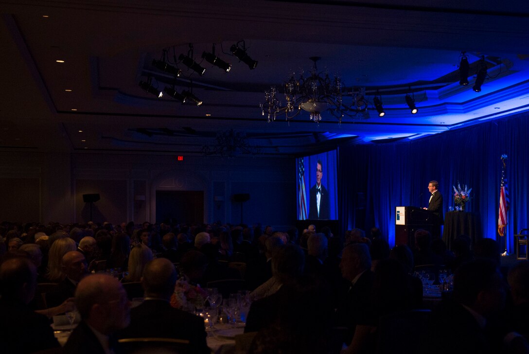 Defense Secretary Ash Carter delivers remarks at the Business Executives for National Security Eisenhower Award dinner in Washington, D.C., April 28, 2016. Carter was presented with the 2016 Eisenhower Award at the event. DoD photo by Air Force Senior Master Sgt. Adrian Cadiz