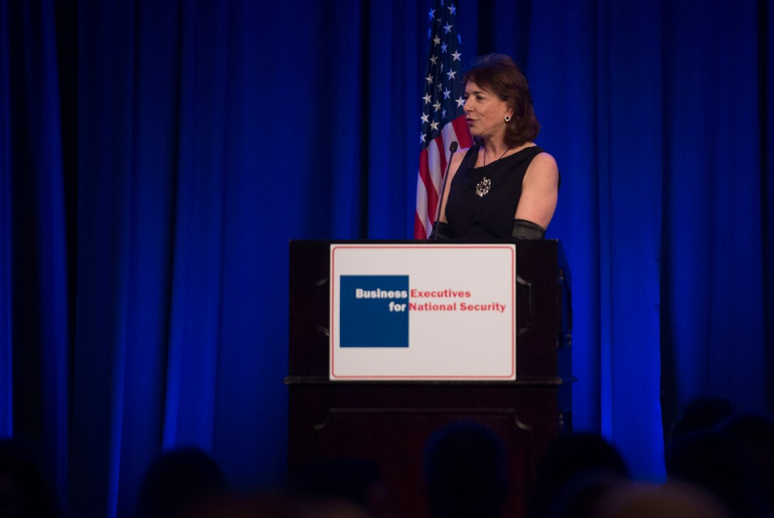 Mary Boies, Vice Chair of Business Executives for National Security, delivers remarks at the Eisenhower Award dinner in Washington D.C., April 28, 2016. Carter was presented with the 2016 Eisenhower Award at the event. DoD photo by Air Force Senior Master Sgt. Adrian Cadiz