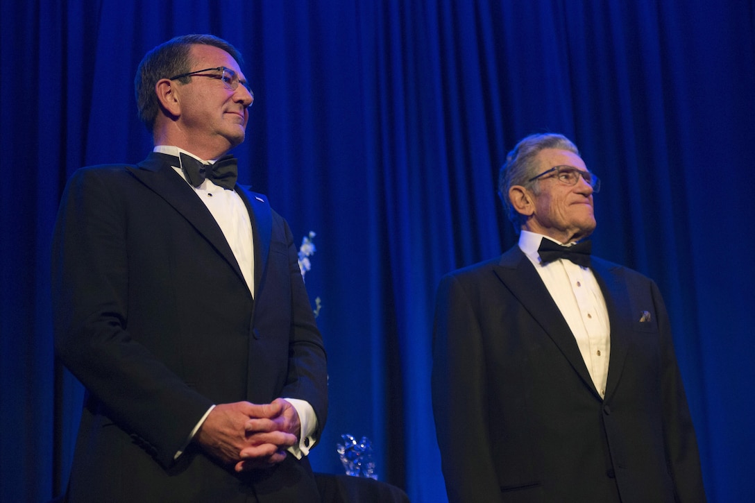 Defense Secretary Ash Carter, left, stands with Robert Belfe at the Business Executives for National Security Eisenhower Award dinner after being recognized as the 2016 Eisenhower Award recipients in Washington D.C., April 28, 2016. DoD photo by Air Force Senior Master Sgt. Adrian Cadiz
