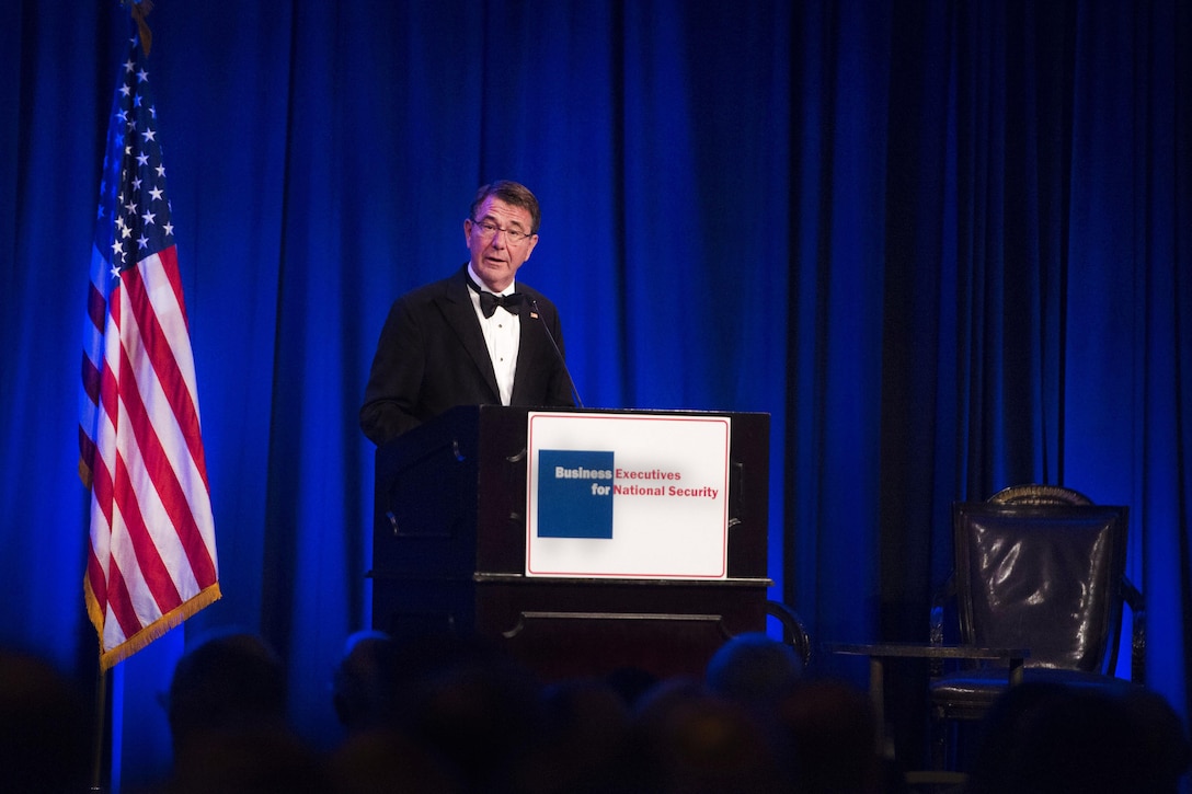 Defense Secretary Ash Carter delivers remarks at the Business Executives for National Security Eisenhower Award dinner in Washington, D.C., April 28, 2016. Carter was presented with the 2016 Eisenhower Award at the event. DoD photo by Air Force Senior Master Sgt. Adrian Cadiz