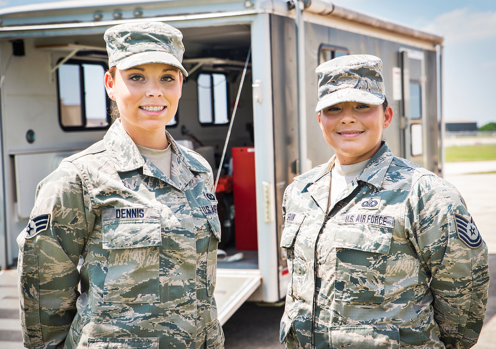 Two 433rd Airlift Control Flight Airmen were recently honored for their exceptional work in their career field. Tech. Sgt. Crystal Olguin, 433rd Airlift Control Flight mobile command and control, won the 2015 Air Force Reserve Command Contingency Response NCO of the Year Award, and Senior Airman Amy Dennis, 433rd ALCF, mobile command and control, won the 2015 AFRC Contingency Response Airman of the Year Award. (U.S. Air Force photo by Benjamin Faske) (released)
