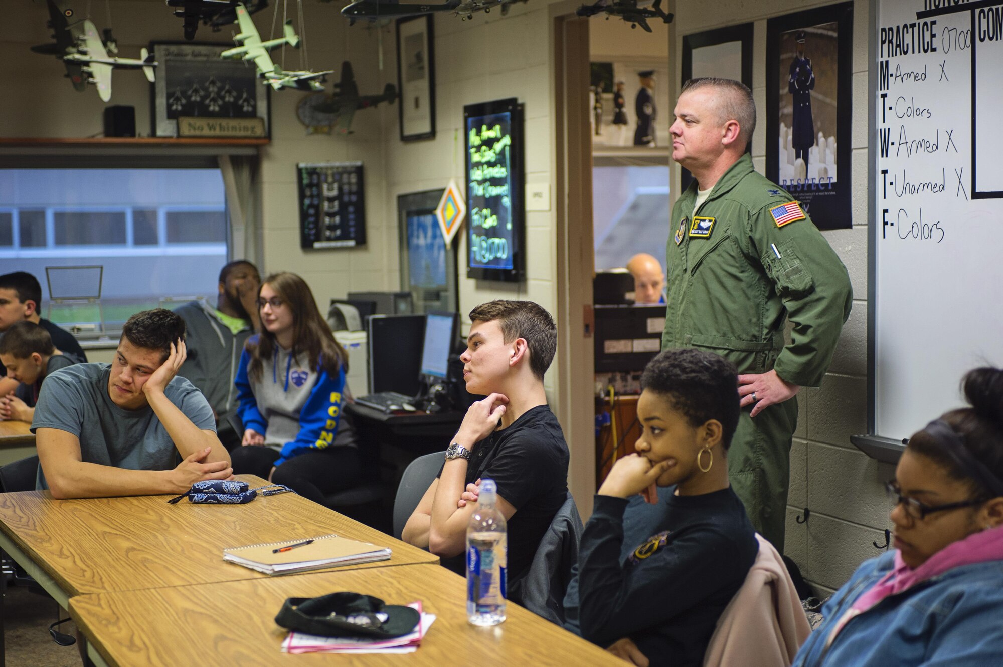 Col. Scott Durham, 512th Airlift Wing commander, stands in the back of the classroom after he spoke to the JROTC cadets at Caesar Rodney High School, April 29, at Camden, Del. Durham spoke to the students about having a plan in life and setting goals to get to their desired outcome. (U.S. Air Force photo/Capt. Bernie Kale)