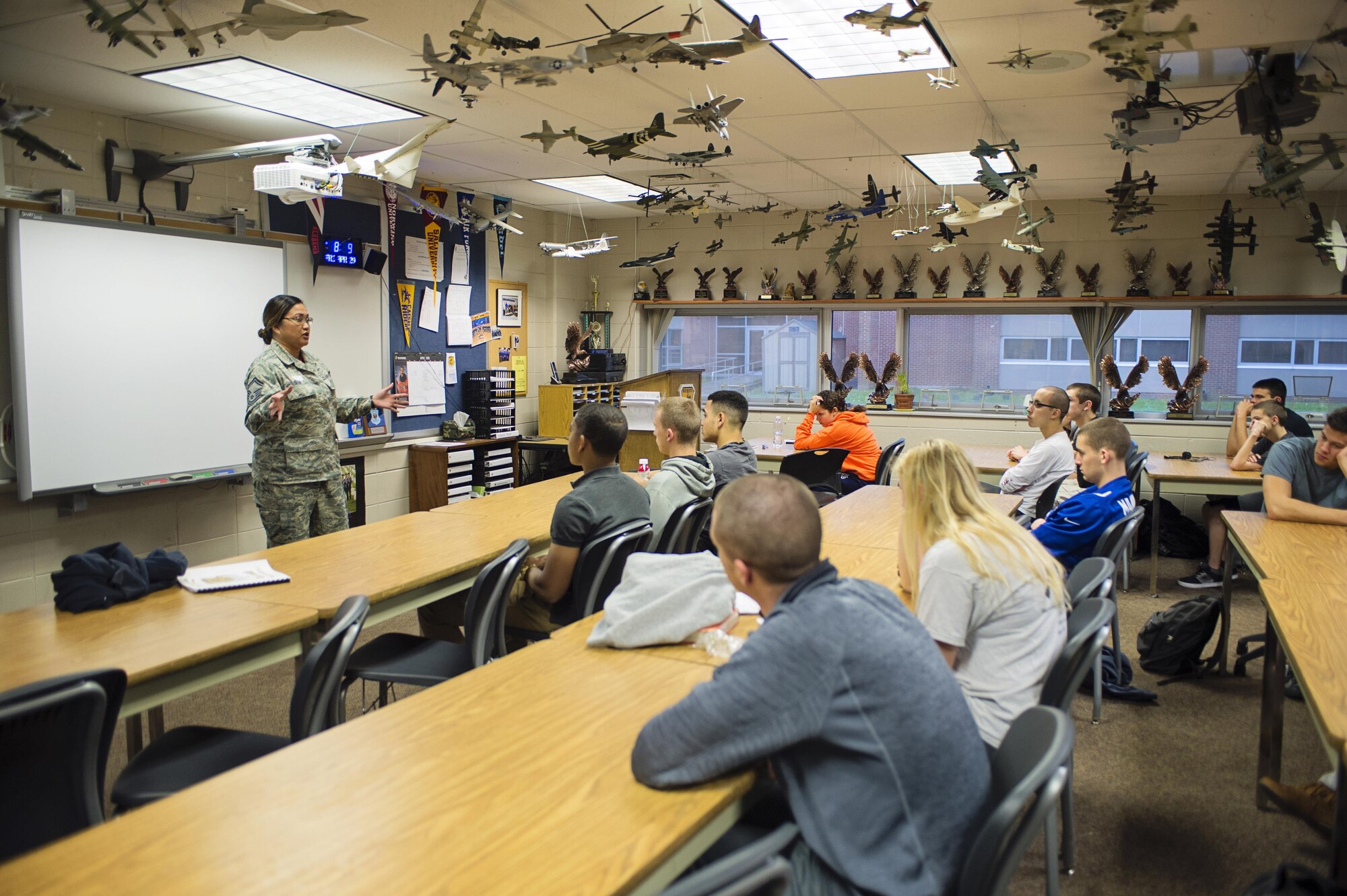 Senior Master Sgt. Joanne Shaw, a 512th Airlift Wing recruiter, speaks to  JROTC cadets at Caesar Rodney High School, April 29, at Camden, Del., about how the Air Force Reserve works and integrates into Active Duty. Shaw, along with 512th Airlift Wing commander Col. Scott Durham, offered advice of wisdom to the students on the importance of having a plan. (U.S. Air Force photo/Capt. Bernie Kale)