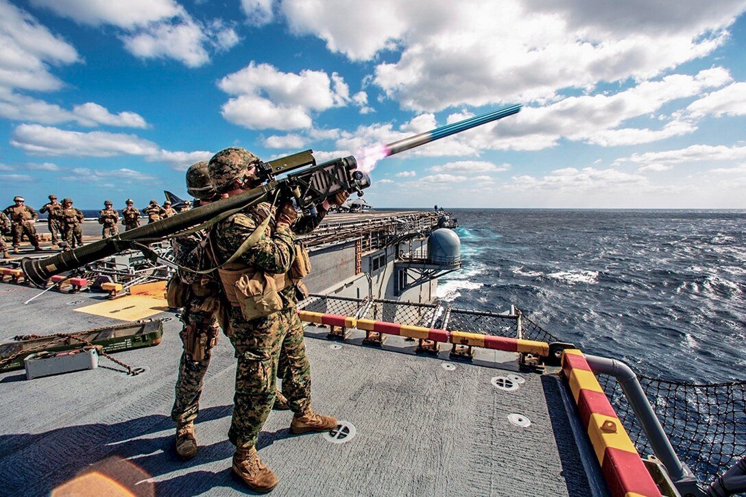 Marines fire stinger simulation rounds aboard the USS Wasp in the Atlantic Ocean, April 17, 2016. The Marines are assigned to Medium Marine Tiltrotor Squadron 264, 22nd Marine Expeditionary Unit, which is underway for an amphibious exercise. Marine Corps photo by Cpl. Ryan G. Coleman