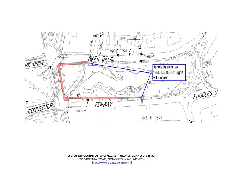 Overhead view of sidewalk closure.
