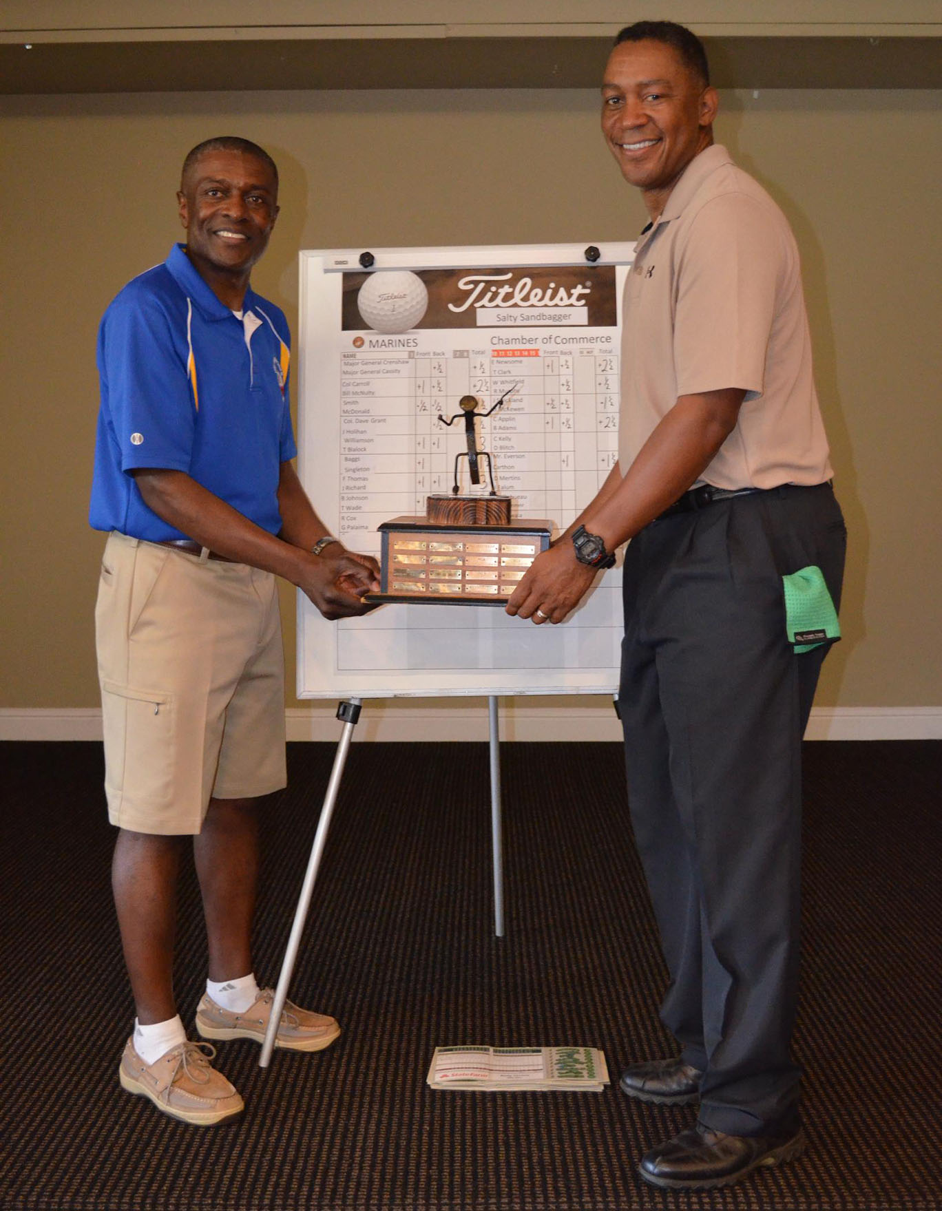 Maj. Gen. Craig Crenshaw (right), commanding general, Marine Corps Logistics Command, and Col. James C. Carroll, commanding officer, Marine Corps Logistics Base Albany, show off the ‘coveted’ Salty Sandbagger trophy after the Marine Corps teams’ victory, April 25.  The Salty Sandbagger Golf Tournament is a twice yearly friendly competition between the Marine base and the Albany Area Chamber of Commerce’s business community. 