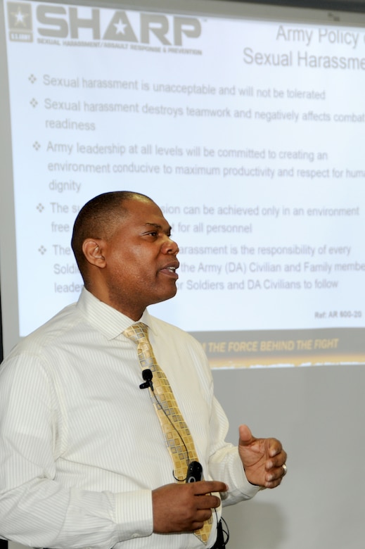 Huntsville Center's Sexual Assault Response Coordinator Victor Roberts presents annual SHARP training in the center cafeteria April 29.