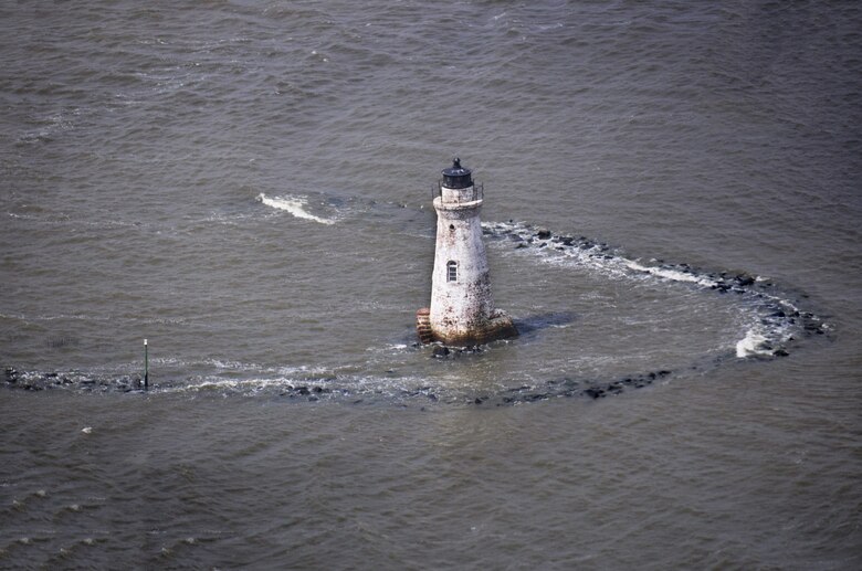 An aerial shot (merged from two photos) of the Cockspur Island Lighthouse taken March 30, 2016 at high tide.