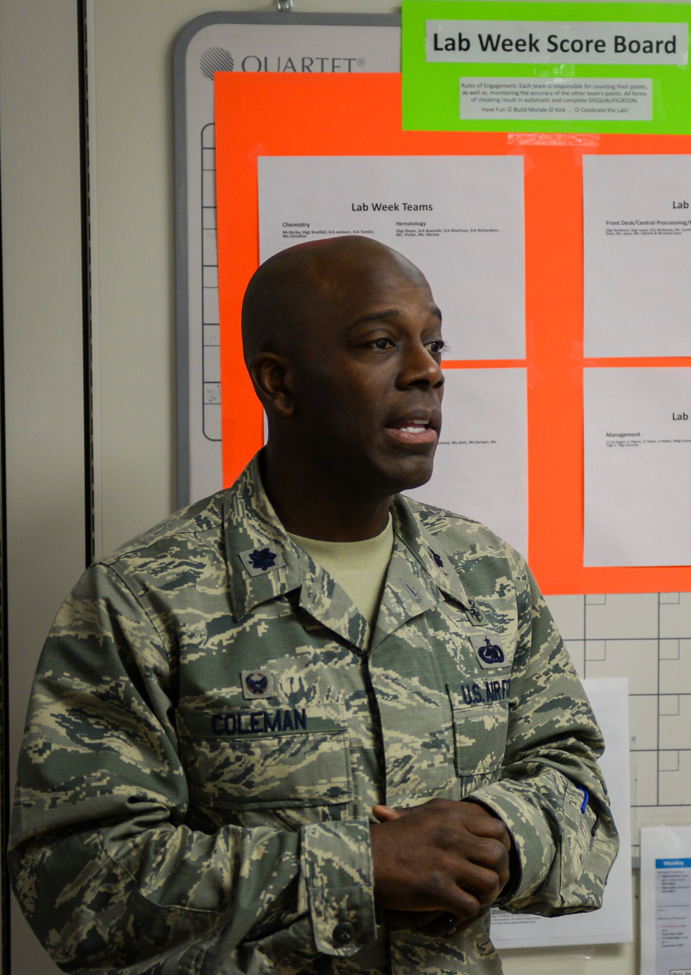 Lt. Col. Gregory Coleman, 99th Medical Support Squadron commander, helps kick off Medical Laboratory Professionals Week at Nellis Air Force Base, Nev., April 25, 2016. This week provides the profession with a unique opportunity to increase public understanding of, and appreciation for, laboratory personnel and the dedicated efforts of laboratory professionals that often go unnoticed by the general public. 