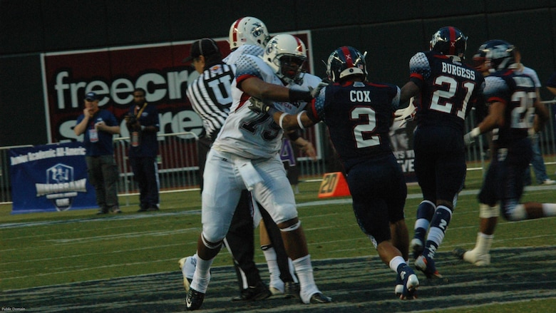 Ronnie Stanley, Las Vegas native and offensive tackle for West Coast, holds off the defensive line during the Semper Fidelis All American Bowl, Jan. 3, 2012 at Chase Field in Phoenix. The Baltimore Ravens drafted Stanley with the sixth pick in the first round in the 2016 NFL draft, April 28, 2016.