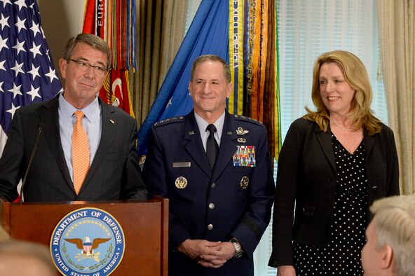 Defense Secretary Ash Carter briefs the official announcement of Air Force Vice Chief of Staff Gen. David Goldfein, who was nominated to become the 21st Air Force chief of staff, at the Pentagon in Washington D.C., April 29, 2016. Pictured with them is Air Force Secretary Deborah Lee James. (U.S. Air Force photo/Scott M. Ash)