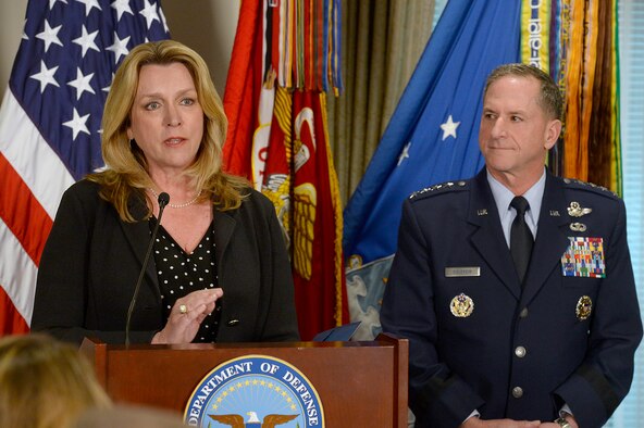 Air Force Secretary Deborah Lee James speaks at the Defense Department’s announcement of Air Force Vice Chief of Staff Gen. David L. Goldfein's nomination as the Air Force's 21st chief of staff at the Pentagon in Washington, D.C., April 29, 2016. (U.S. Air Force photo/Scott M. Ash)