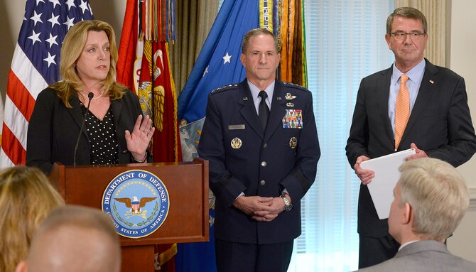 Air Force Secretary Deborah Lee James speaks at the Defense Department’s announcement of Air Force Vice Chief of Staff Gen. David L. Goldfein's nomination as the Air Force's 21st chief of staff at the Pentagon in Washington, D.C., April 29, 2016.  Pictured with them is Defense Secretary Ash Carter. (U.S. Air Force photo/Scott M. Ash)