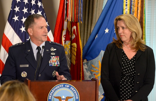 Air Force Vice Chief of Staff Gen. David L. Goldfein thanks Air Force Secretary Deborah Lee James during the Defense Department's announcement of his nomination as the Air Force's 21st chief of staff at the Pentagon in Washington, D.C., April 29, 2016. (U.S. Air Force photo/Scott M. Ash)