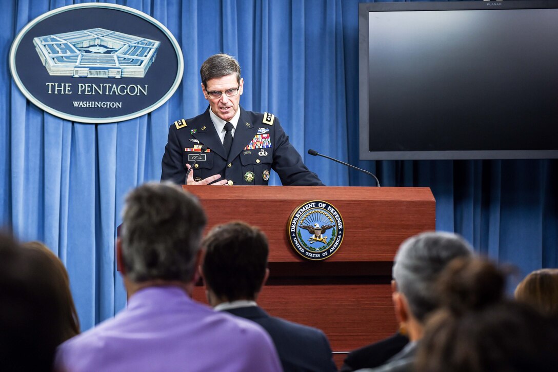 Army Gen. Joseph L. Votel, commander of U.S. Central Command, briefs reporters on the investigation into an Oct. 3, 2015 airstrike in Kunduz, Afghanistan, during a news conference at the Pentagon, April 29, 2016. DoD photo by Army Sgt. 1st Class Clydell Kinchen
