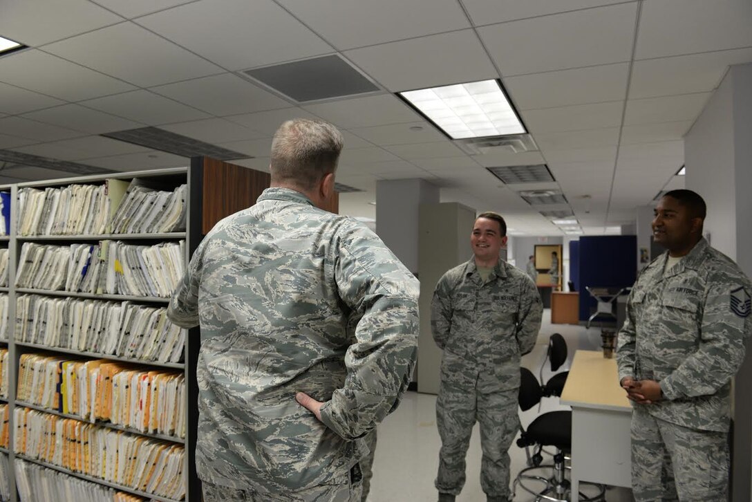 Col. Timothy MacGregor, Air Education and Training Command Inspector General's office Inspection Division chief, visits with medical administration specialist airmen at the 82nd Medical Group, Sheppard Air Force Base, Texas, April 22, 2016. MacGregor, while at Sheppard for an inspection of the 82nd Training Wing and 80th Flying Training Wing, makes it a point to visit the airmen that are in the same career field that he started in over 30 years ago as a reminder of where his career began.