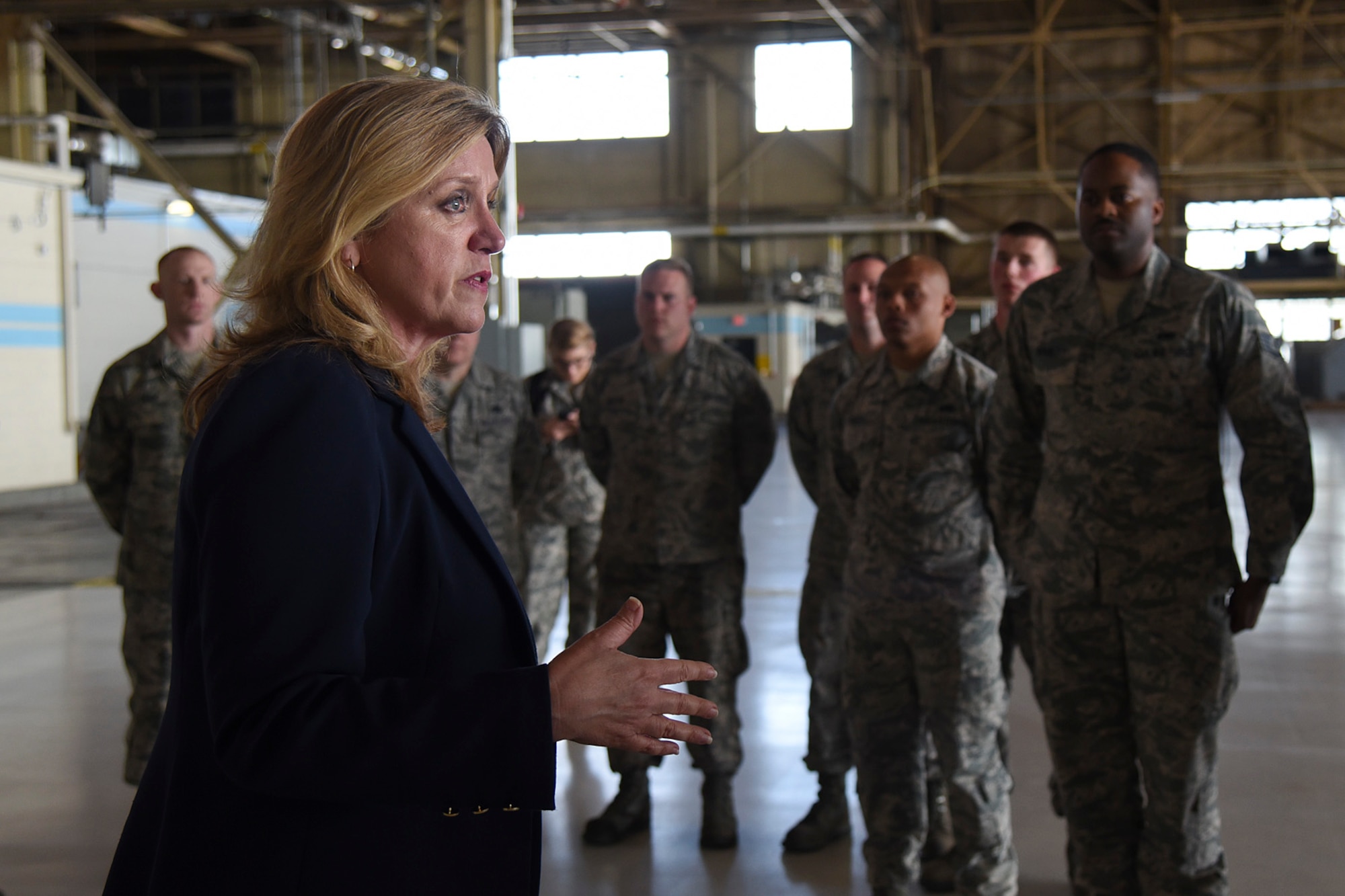 Air Force Secretary Deborah Lee James discusses diversity within the ranks with Airmen from the 92nd and 141st Maintenance Groups on April 27, 2016, at Fairchild Air Force Base, Wash. James visited the base to familiarize herself with the missions of the 92nd and 141st Air Refueling Wings and 336th Training Group. (U.S. Air Force photo/Airman 1st Class Mackenzie Richardson)
