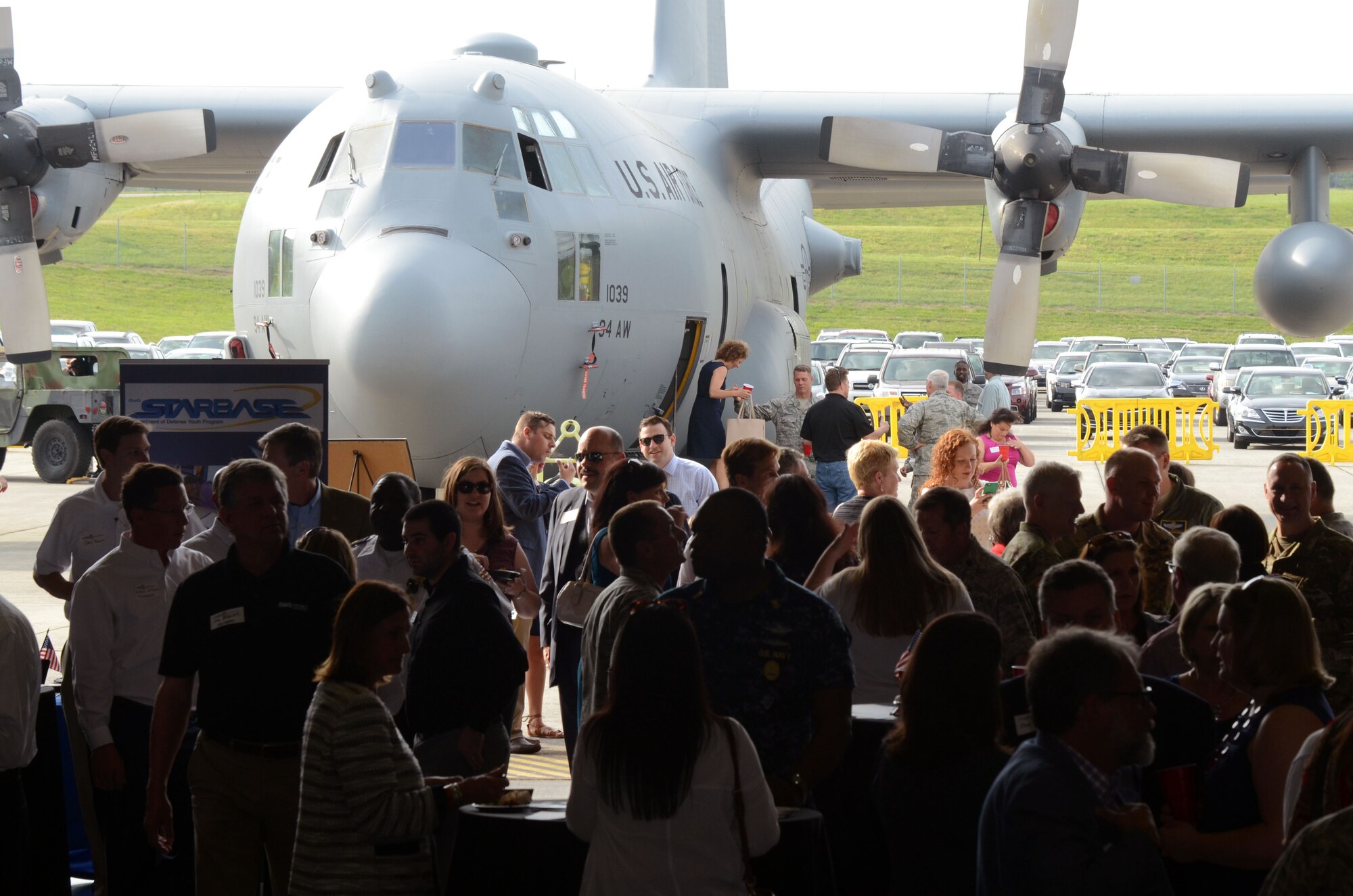 Military and civilian guests register as the Dobbins Business After Hours, held at Dobbins Air Reserve Base, Ga. April 27, 2016. The program, sponsored by the 94th Airlift Wing is designed to join local community members and base personnel in an evening of interaction. Guests were treated to food prepared by Local restaurants. (U.S. Air Force photo by Don Peek)