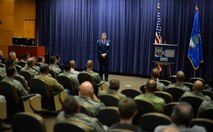 U.S. Air Force Col. Donald Shannon, 2nd Weather Group commander, speaks to weather professionals during a memorial ceremony in honor of U.S. Air Force Capt. Nathan Nylander at the 557th Weather Wing auditorium, Offutt Air Force Base, Neb., April 27, 2016. Nyalnder was killed at Kabul International Airport on April 27, 2011. (U.S. Air Force photo by Josh Plueger)