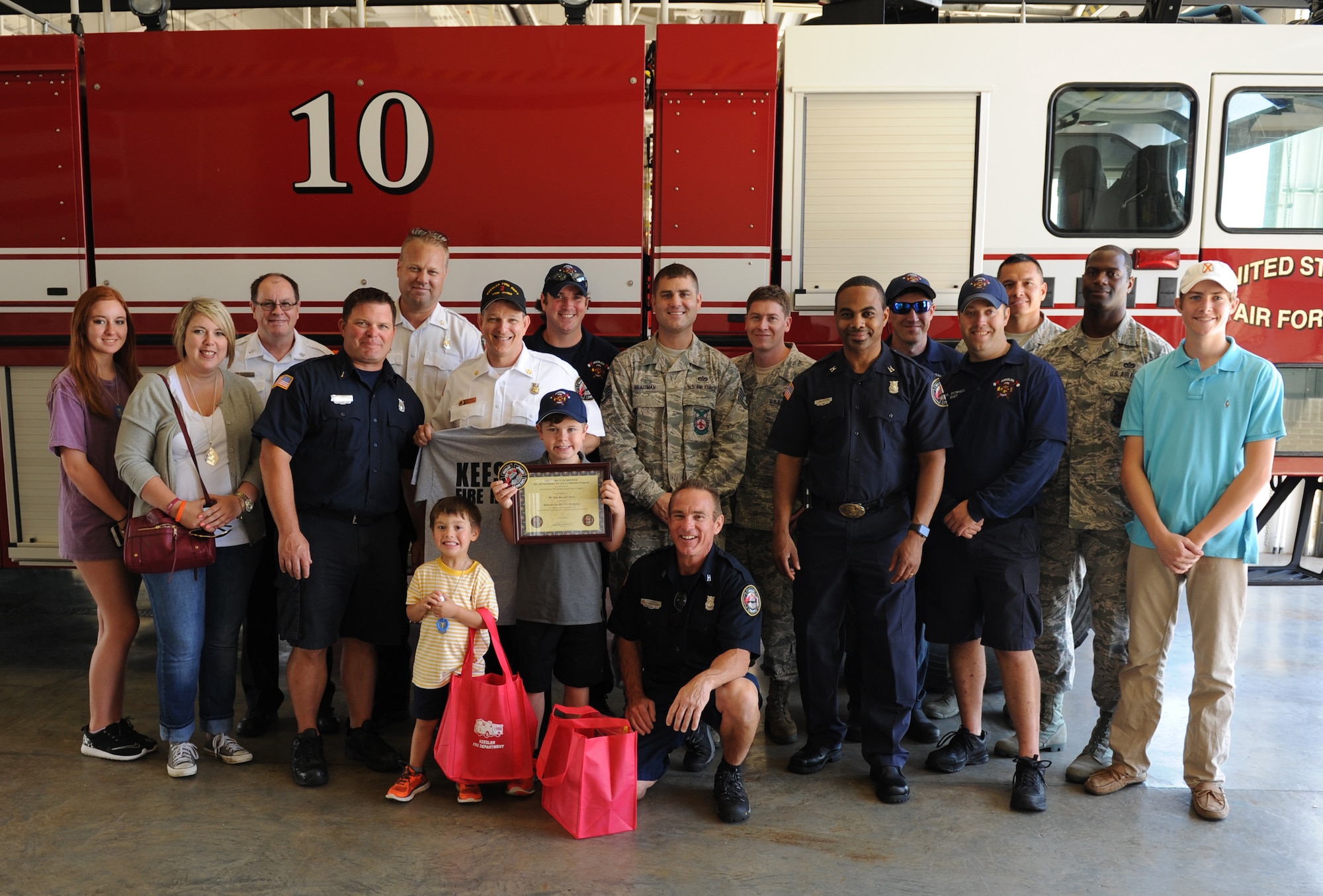 Jon Bryant “JB” Orso poses for a photo while touring the Keesler Fire Department during the 403rd Wing’s first Pilot for a Day event April 26, 2016, Keesler Air Force Base, Miss. Orso, who served as an honorary Air Force Reserve second lieutenant, is in remission after receiving treatment for Acute Lymphoblastic Leukemia. Pilot for a Day is a community outreach program for children with a chronic or life-threatening disease or illness. (U.S. Air Force photo by Kemberly Groue)