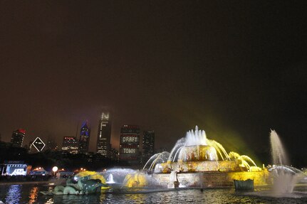 The city of Chicago lights up its office buildings, on April 28, 2016, in the downtown area in recognition of the National Football Leagues’ three-day Draft Day taking place in Chicago from April 28 to April 30. Service members participated in the opening ceremony to include Staff Sgt. Ian Bowling, U.S. Army Field Band, who sang the National Anthem and the Army Reserve’s 85th Support Command presenting the colors during the playing of the National Anthem.
(U.S. Army photo by Mr. Anthony L. Taylor/Released)