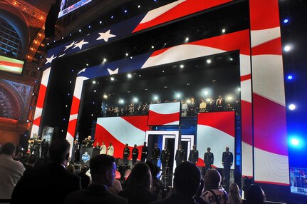 Local service members are recognized on stage during the first day of the NFL Draft in Chicago, April 28, 2016. Service members, from each branch of service, participated in the opening ceremony to include Army Staff Sgt. Ian Bowling, U.S. Army Field Band, who sang the National Anthem and the Army Reserve’s 85th Support Command presenting the colors during the playing of the National Anthem.
(U.S. Army photo by Spc. David Lietz/Released)