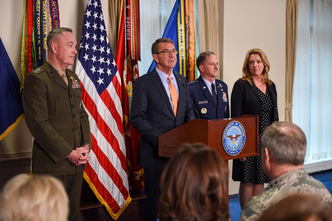 Defense Secretary Ash Carter delivers remarks during an event introducing Air Force Vice Chief of Staff Gen. David L. Goldfein at the Pentagon April 29, 2016, following his nomination as Air Force chief of staff. Joining Carter are, from left, Marine Corps Gen. Joe Dunford, chairman of the Joint Chiefs of Staff; Goldfein; and Air Force Secretary Deborah Lee James. DoD photo by Army Sgt. 1st Class Clydell Kinchen