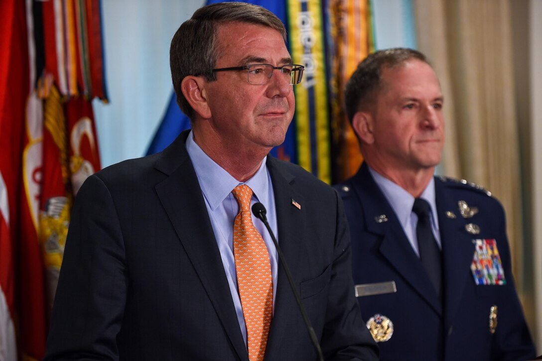 Defense Secretary Ash Carter delivers remarks during an event congratulating Air Force Vice Chief of Staff Gen. David L. Goldfein, right, following his nomination to be the next Air Force chief of staff at the Pentagon, April 29, 2016. DoD photo by Army Sgt. 1st Class Clydell Kinchen