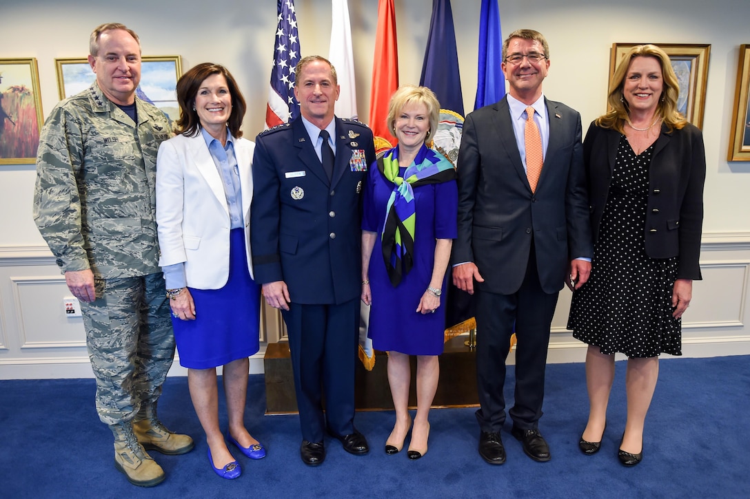Defense Secretary Ash Carter, second from right, and Air Force Secretary Deborah Lee James, right, stand for a photo with Air Force Chief of Staff Gen. Mark A. Welsh III, left, and Air Force Vice Chief of Staff Gen. David L. Goldfein, third from left, at the Pentagon, April 29, 2016. Defense leaders gathered for an event at the Pentagon to congratulate Goldfein on his nomination as the next Air Force chief of staff. DoD photo by Army Sgt. 1st Class Clydell Kinchen