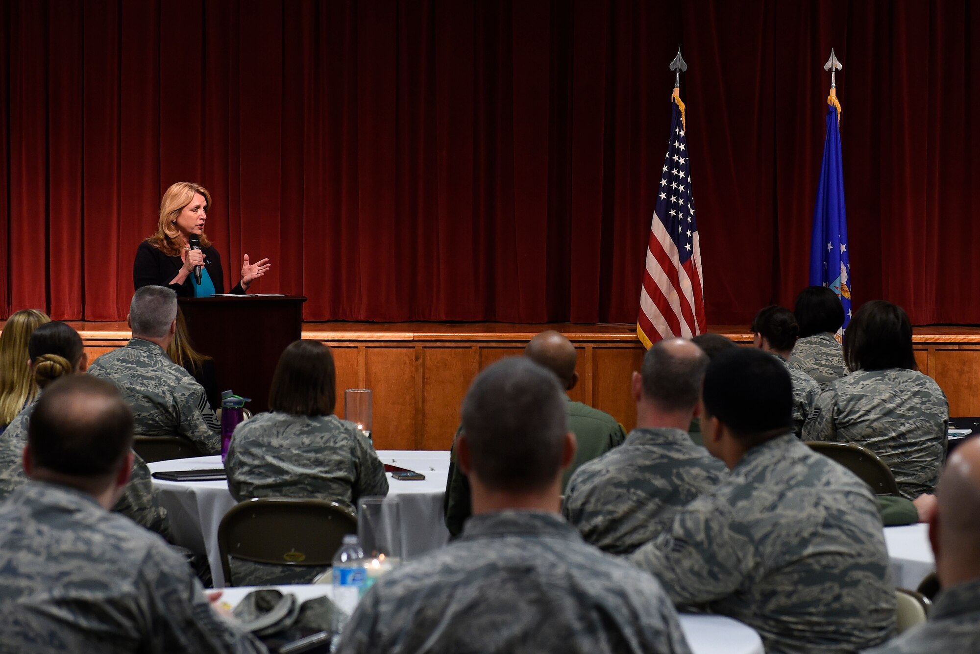 Secretary of the Air Force Deborah Lee James speaks at the McChord Field Volunteer Victim Advocate Recognition Luncheon April 26, 2016 at Joint Base Lewis-McChord, Wash. James spoke about the importance of sexual assault prevention and awareness as well as presented nine new McChord Field Sexual Assault Victim Advocates with their certification certificates. (U.S Air Force photo/Tech. Sgt. Tim Chacon) 